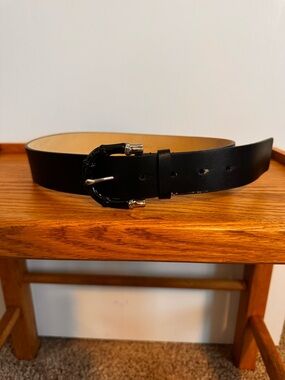 Black Leather Belt with Silver-Tone Buckle